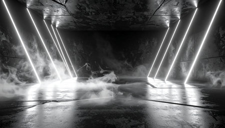 Futuristic dark room with neon lights. 3D rendering.の素材