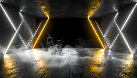 Abstract light trails in the dark. Long exposure photo taken in a tunnel.の素材