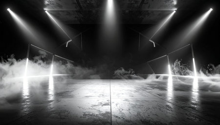 Light effect, blurred background. Wet asphalt, night view of the city, neon reflections on the concrete floor. Night empty stage, studio. Dark abstract background, dark empty street. Night city.の素材