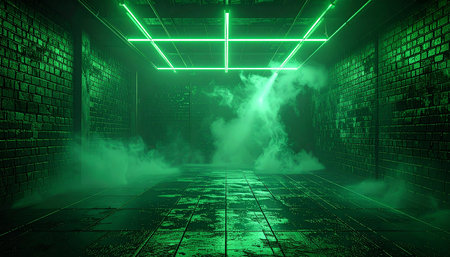 Futuristic interior with neon lights and brick wall. 3d renderingの素材