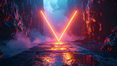 Futuristic neon lights in a cave. 3d rendering.の素材