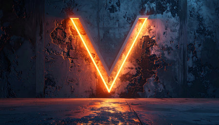 Neon letter V on grunge concrete background. 3D renderingの素材
