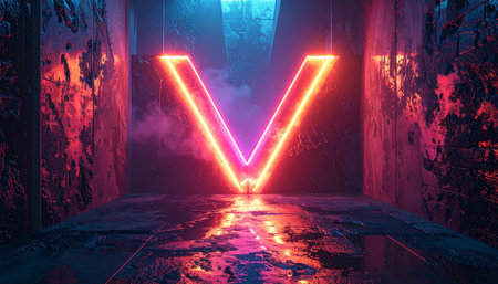 Neon letter V in a dark corridor. 3D rendering.の素材