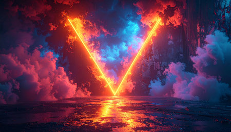 3D rendering of an abstract background with neon lights and smoke.の素材