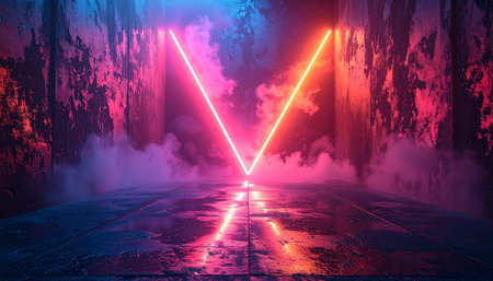 Futuristic corridor with neon lights and smoke. 3d renderingの素材