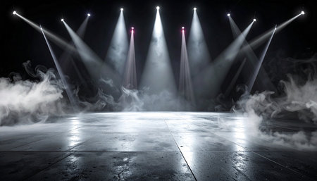 Stage Spotlight with smoke and fog, Stage Spotlight with smoke, Stage Spotlight on a dark background, Stage Spotlight on a dark backgroundの素材