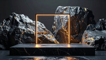 Minimalistic black marble product display podium with glowing neon frame. Mock up, 3D Renderingの素材