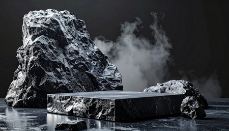 Black marble podium on black background with smoke. 3D rendering.の素材