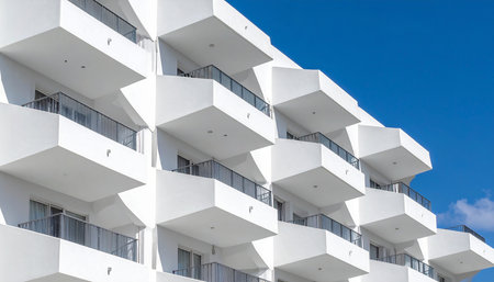 Modern apartment buildings on a sunny day with a blue sky. Facade of a modern apartment buildingの素材