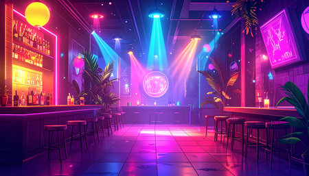 Night club with neon lights, vector illustration. Night club interior.の素材