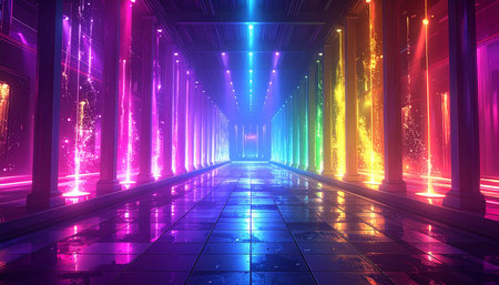 Futuristic corridor with glowing neon lights, 3d rendering backgroundの素材