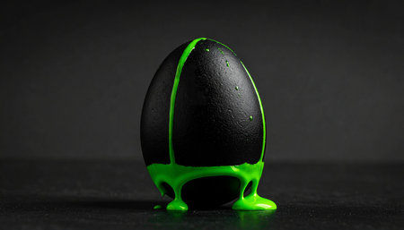 Easter egg painted in black and green paint on a black backgroundの素材