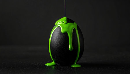Easter egg with green paint drips on a black background.の素材