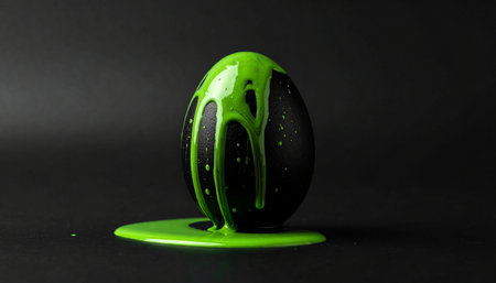 Easter egg painted in green paint on a black background. Happy Easter.の素材