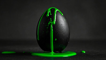Easter egg with green paint on a black background. 3d illustrationの素材