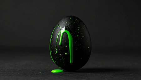 Easter egg with green paint on a black background. 3d illustrationの素材