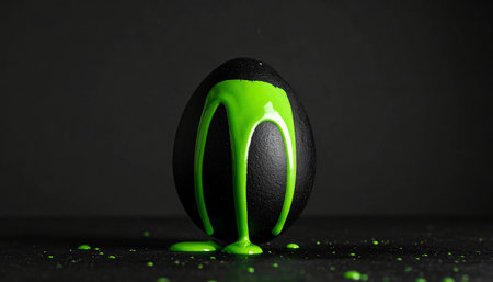 Easter egg painted in green paint on a black background. Copy space.の素材