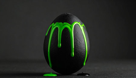Easter egg with green paint on a black background. 3d renderingの素材