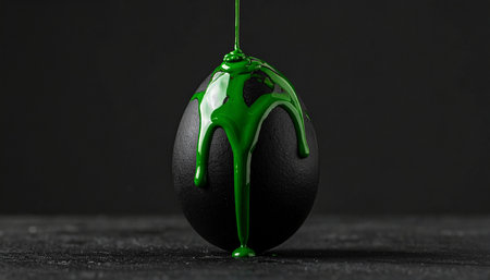 Black egg with green paint dripping on black background. 3d illustrationの素材