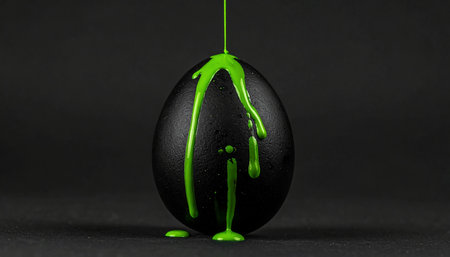 Black egg with green paint drips on a black background. Easter concept.の素材