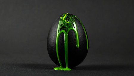 Black easter egg with green paint on a black background close upの素材