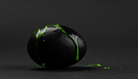 Black easter egg with green paint splashes on a black backgroundの素材