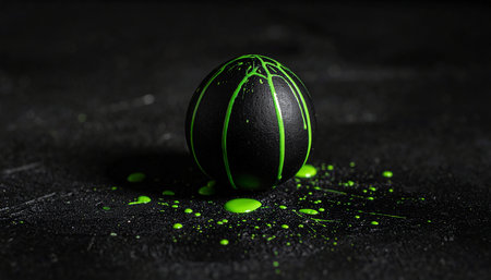 Black easter egg with green paint splashes on a black backgroundの素材