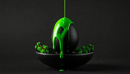 Easter egg with green paint on black background. 3d illustrationの素材