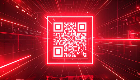 QR code and glowing neon lights on dark background. Technology concept. 3D Renderingの素材