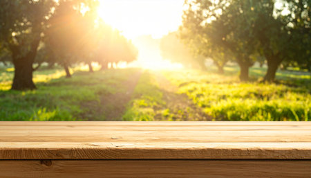 Wooden table background in front of an apple orchard at sunsetの素材