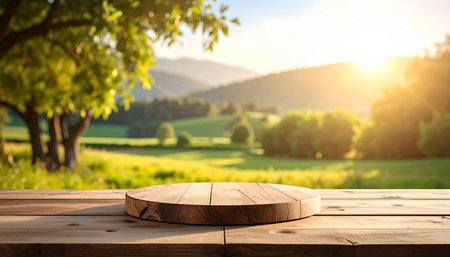 Wooden table top on nature background. Empty space for product displayの素材
