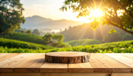 Wooden table top on blur tea plantation background - can be used for display or montage your productsの素材
