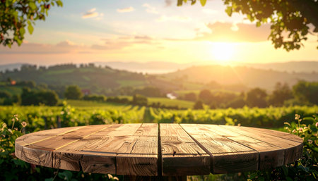Wooden table in front of vineyard in Tuscany, Italyの素材
