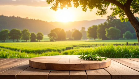 Wooden table top on blur green rice field with sunset background.の素材