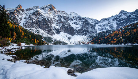 Beautiful alpine lake in the mountains at sunset, Dolomites, Italyの素材