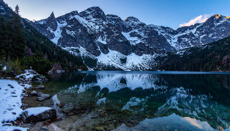 Landscape view of a beautiful alpine lake at sunrise, Dolomites, Italyの素材
