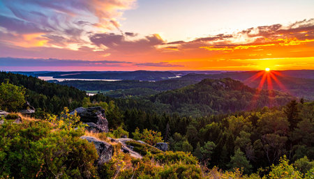 Sunset over the forest and the lake. Beautiful summer landscape.の素材