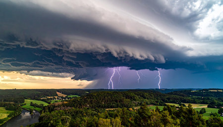 Aerial view of a thunderstorm over the countryside in Germany.の素材