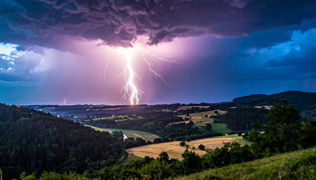 Thunderstorm over the valley in the Carpathian Mountains, Ukraineの素材