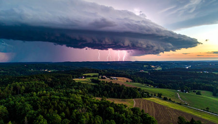 Aerial view of a thunderstorm in the sky over the villageの素材