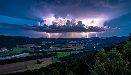 Thunderstorm over the valley in the Carpathian Mountains, Ukraineの素材