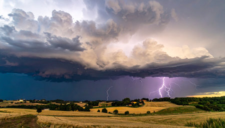 Thunderstorm over the village in summer, Tuscany, Italyの素材