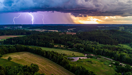 Aerial view of thunderstorm over the forest and meadow.の素材