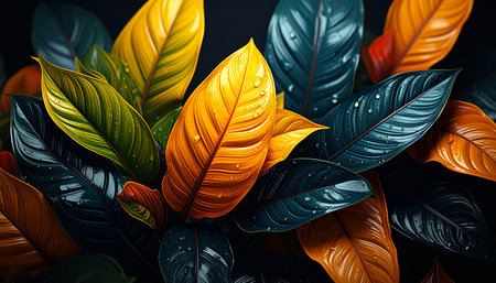 3d rendering of colorful tropical leaves on black background with vignetteの素材