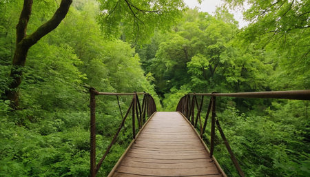 Wooden bridge in green forest. Beautiful summer landscape in the forest.の素材