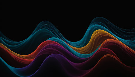 abstract multicolor waves on black background. 3d renderingの素材