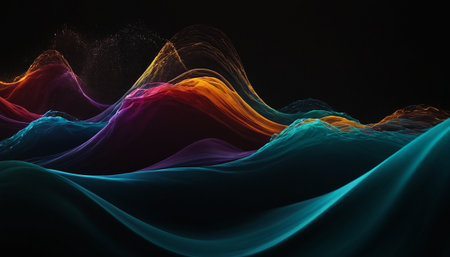 abstract colorful waves on black background, computer generated abstract background, 3d renderの素材