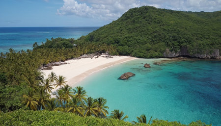 Tropical beach with white sand and palm trees, Seychellesの素材