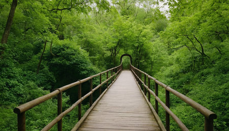 Wooden bridge in a green forest in springtime. Nature backgroundの素材