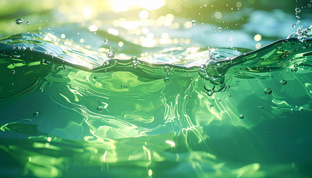 Green water surface with ripples and bubbles, close-up.の素材